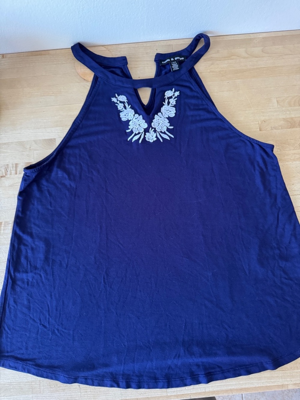 Cable & Gauge Navy Halter Tank with White Floral Embroidery